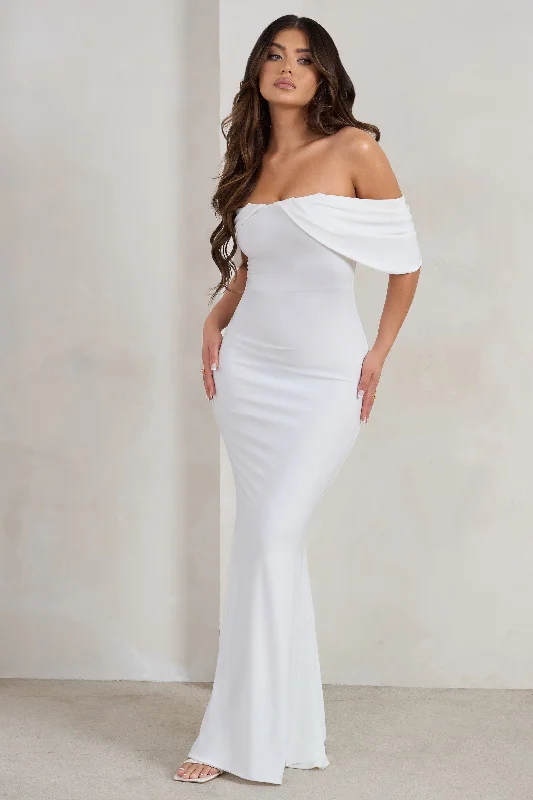 ladies-maxi-dress-shimmer-sunset-Gabrielle | White Bardot Neckline With Drape Sleeves Maxi Dress