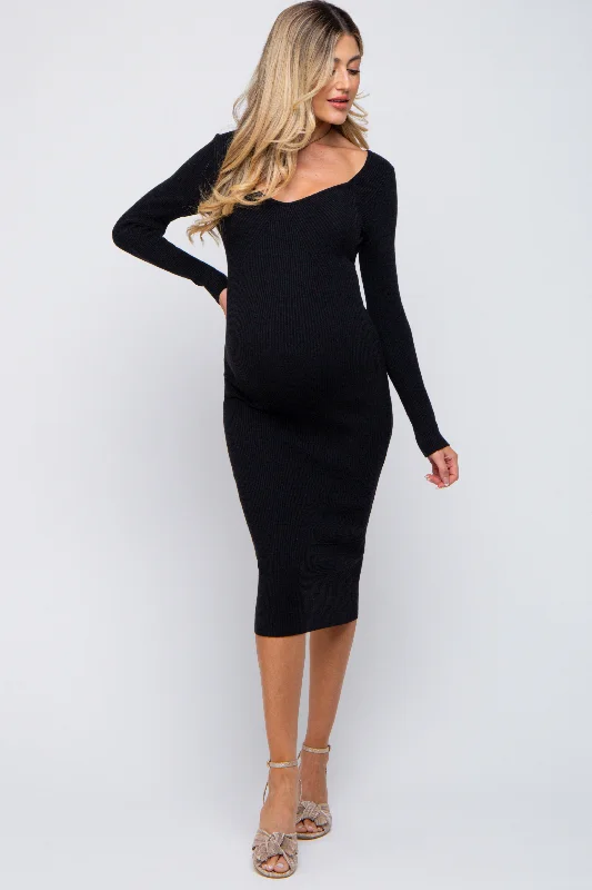 Women's midi dress haze flair -Black Ribbed Long Sleeve Maternity Midi Dress