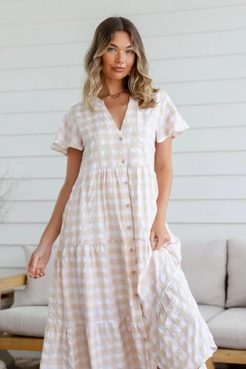 Women's midi dress lax pop -Valentina Gingham Midi Dress - Latte