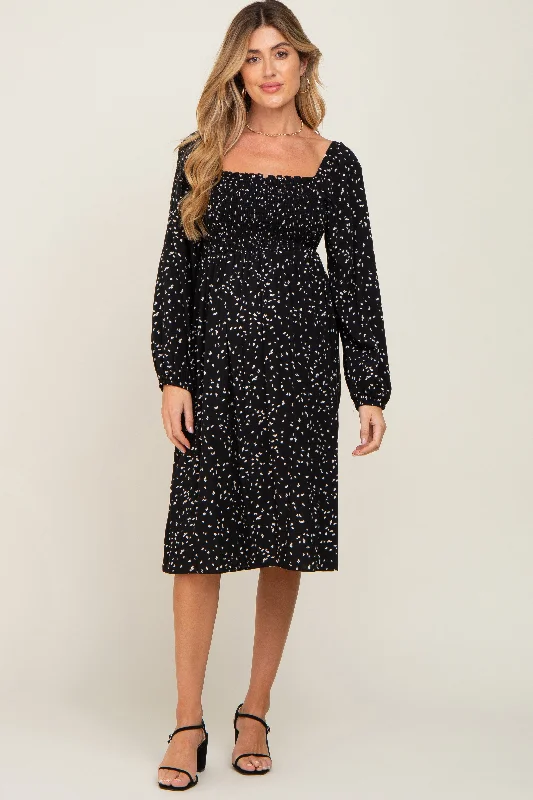 Women's midi dress loop glow -Black Printed Long Sleeve Maternity Midi Dress