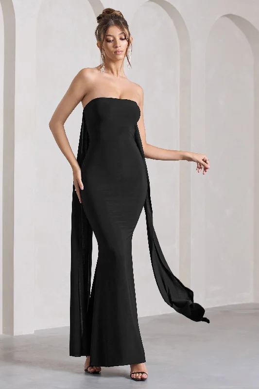 ladies-maxi-dress-floor-length-finesse-Christina | Black Bandeau Sleeveless Maxi Dress With Cape