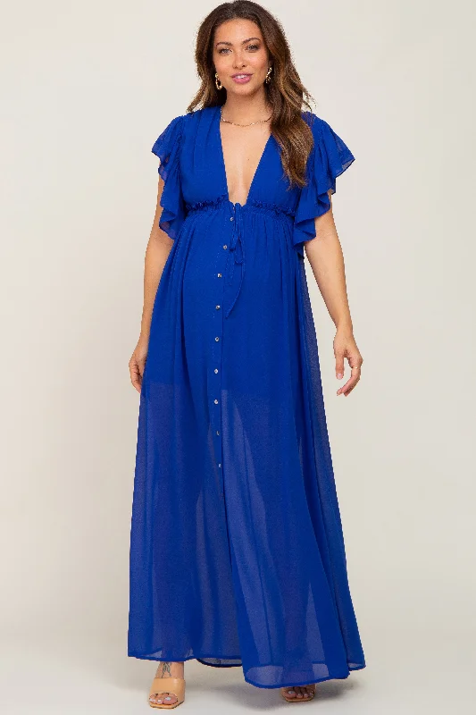 ladies-maxi-dress-elegant-ember-Royal Blue Flounce Button Front Maternity Maxi Dress