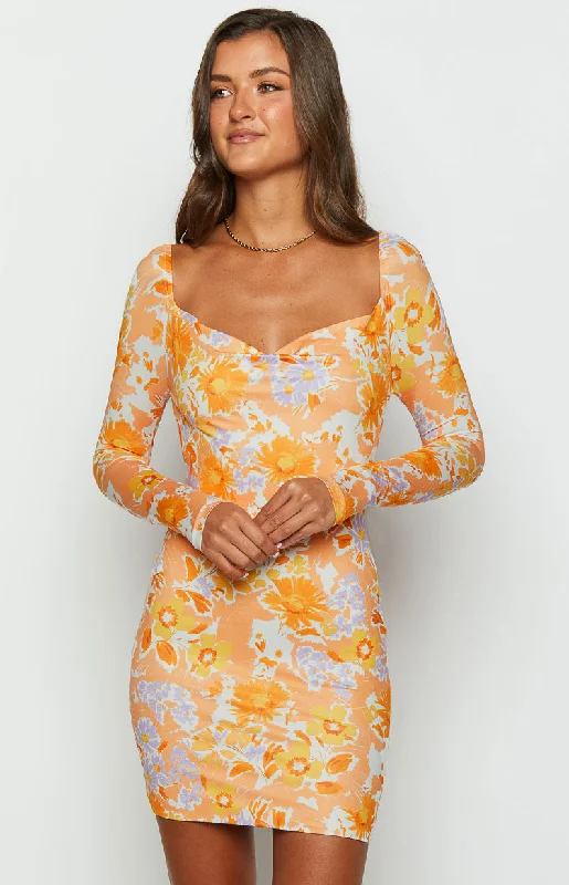 ladies-mini-dress-retro-rush-Ashi Orange Floral Long Sleeve Mini Dress