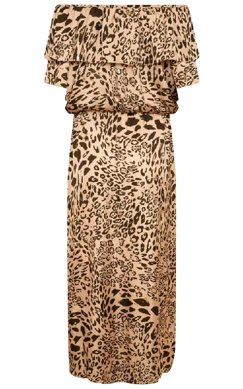 ladies-maxi-dress-plum-poise-NAIA Leopard Halle Bardot Frill Maxi Dress Golden Leopard UK M