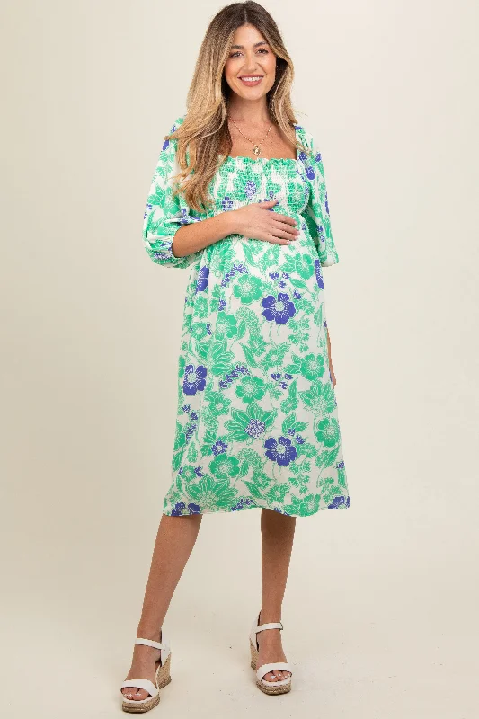 Women's midi dress clear pop -Green Floral Smocked Square Neck Maternity Midi Dress