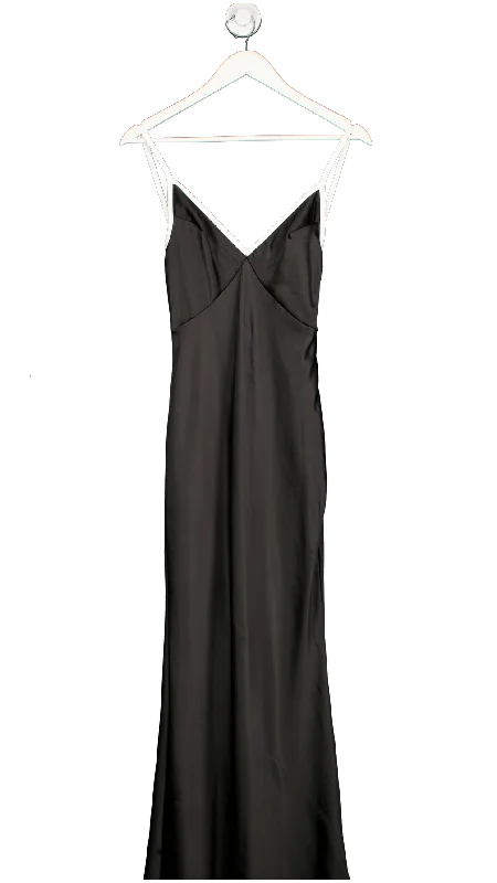 ladies-maxi-dress-runway-ripple-Sndys Black Satin Cami Plunge Maxi Dress UK XS