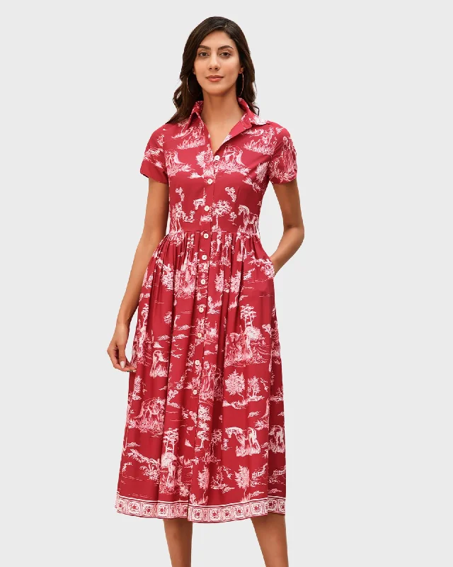 Women's flare dress zip up -Toile print crepe fit-and-flare shirtdress | Coral red