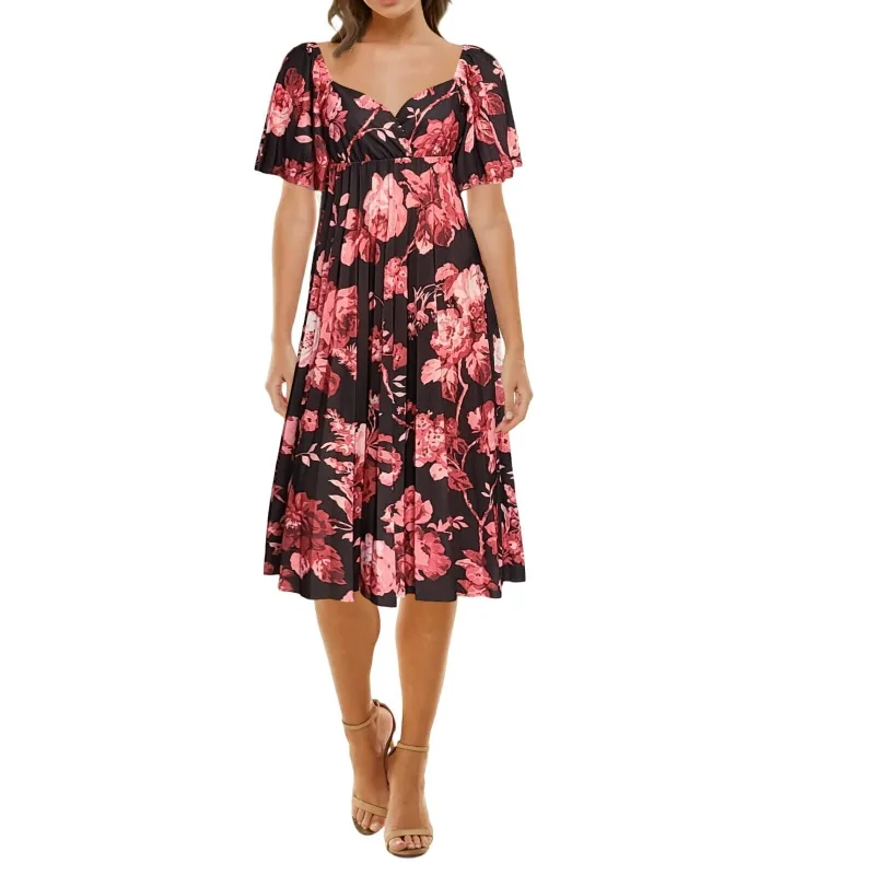 Women's midi dress mama chic -ASOS Floral Print Twist Cut Out Back Flatter Sleeves Pleated Midi Dress