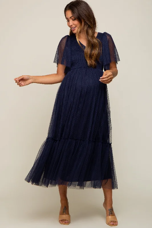 Women's midi dress now glow -Navy Blue Dotted Tulle Smocked Maternity Midi Dress