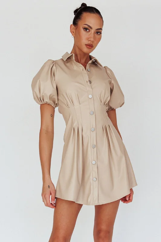 Women's shirt dress core chic -Zurich Pleated Waist Shirt Dress Faux Leather Nude