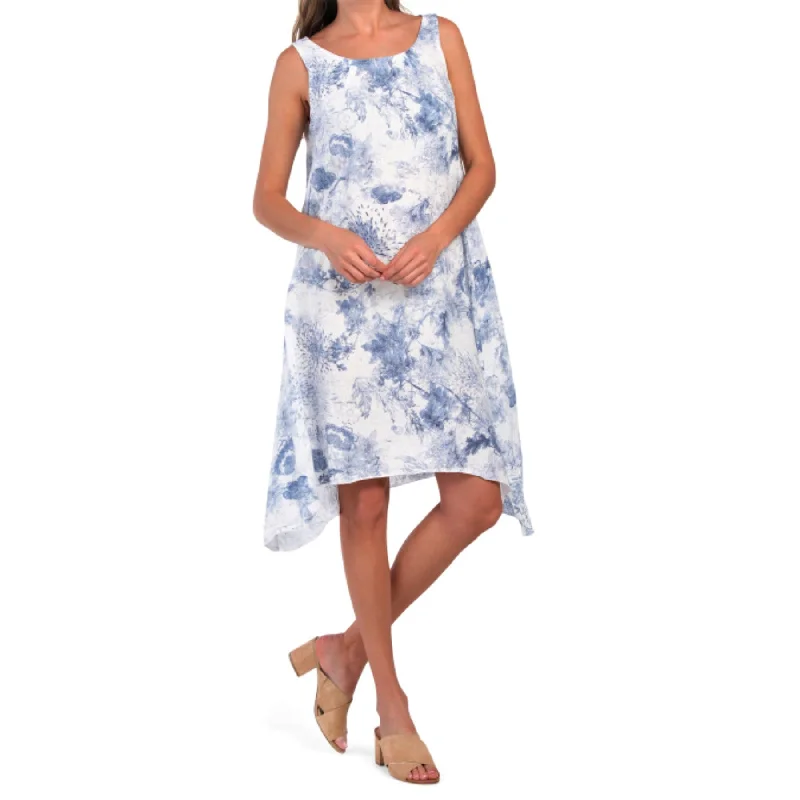 Women's midi dress date glow -Valentina Naldi Made In Italy Linen Floral Print Sharkbite hem Midi Dress