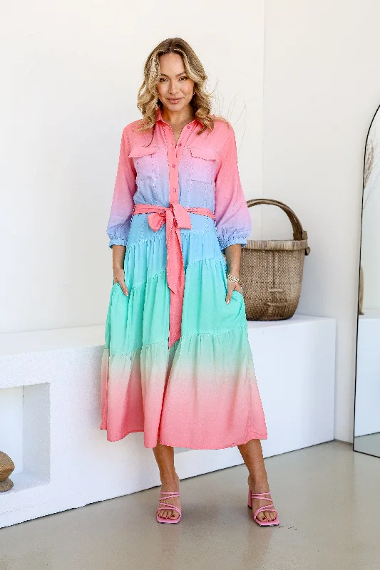 Women's midi dress ice pop -Star Burst Ombre Shirt Midi Dress - Pink/Blue/Green