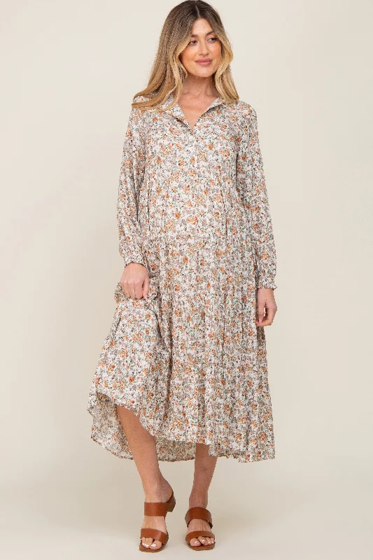 Women's midi dress weave pop -Beige Floral Button Front Long Sleeve Tiered Maternity Midi Dress