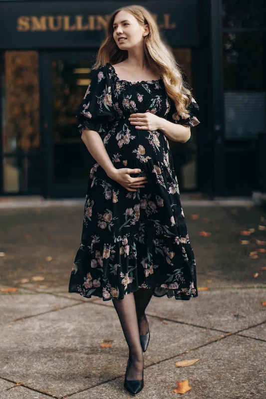 Women's midi dress era flair -Black Floral Chiffon Ruffle Square Neck Smocked Maternity Midi Dress