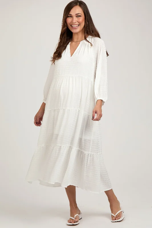 Women's midi dress ray flair -White Textured Tiered Maternity Midi Dress