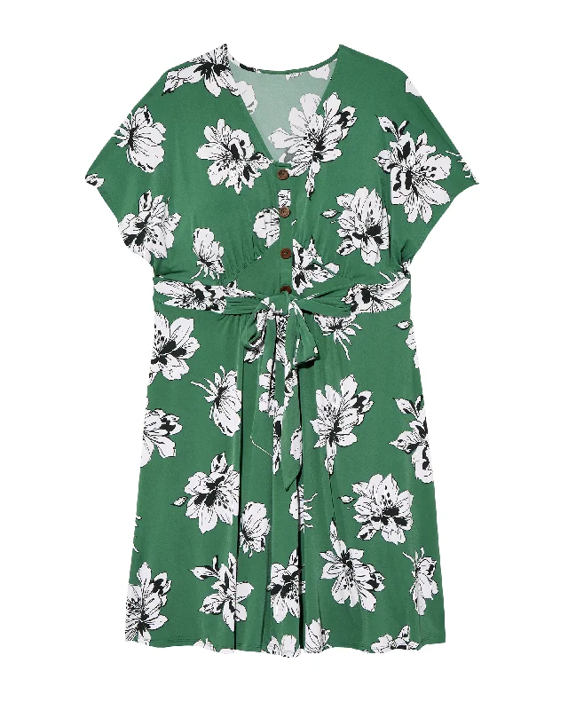 Women's flare dress trendy summer -Roseville Button Front Flare Sleeve A-line Dress | Kelly Green / White