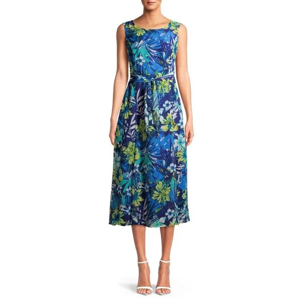 Women's flare dress retro -Evan Picone Ruched Belted Floral Chiffon Overlay Fit & Flare Midi Dress