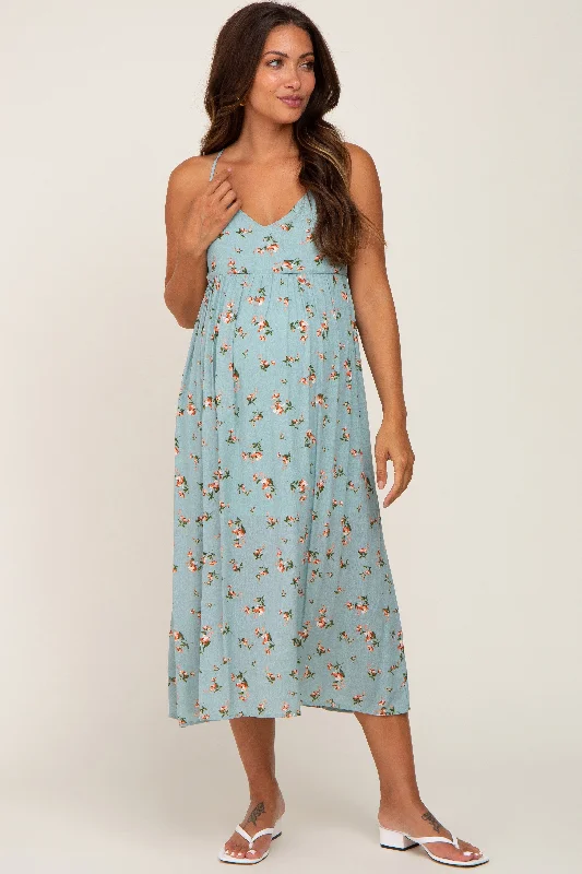 ladies-maxi-dress-cerulean-cool-Light Blue Floral Sleeveless Maternity Maxi Dress