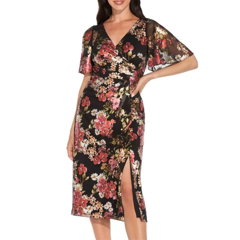 Women's midi dress swish chic -Adrianna Papell Floral Foiled Print Mesh Draped Midi Dress