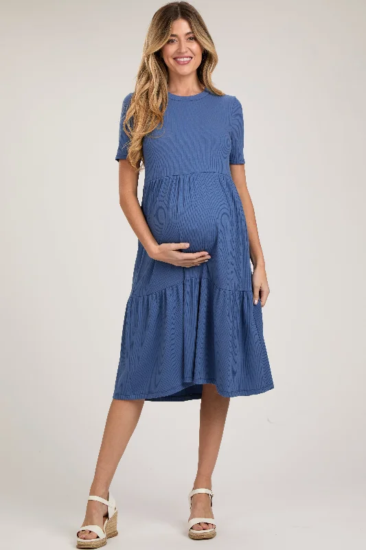 Women's midi dress flare flair -Blue Ribbed Tiered Maternity Midi Dress