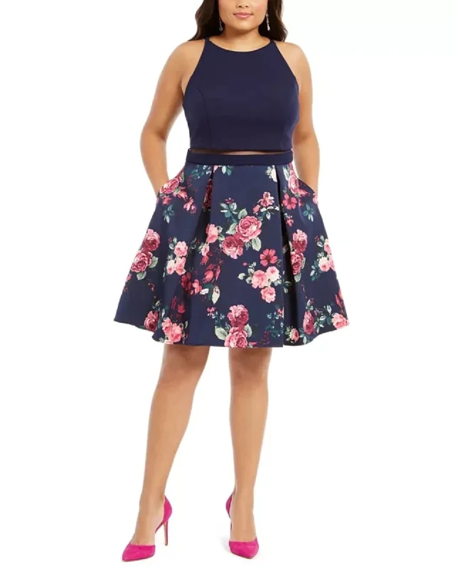 Women's flare dress artsy -B Darlin Women's Trendy Plus Size Illusion Floral-Print Fit & Flare Dress Navy Size 20 | Blue