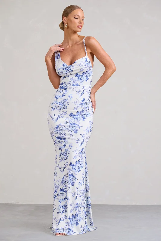 ladies-maxi-dress-everyday-elegance-Phantasy | Blue Floral Print Asymmetric Neckline Cowl Maxi Dress