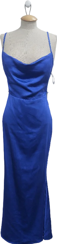 ladies-maxi-dress-lavender-lush-Club L Blue Satin Cowl Neck Maxi Dress With Cross Back UK 6