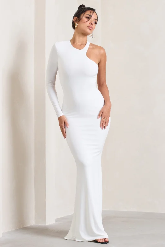 ladies-maxi-dress-navy-nimbus-Tyra | White Asymmetric Neck Cut Out Maxi Dress With Open Back Detail