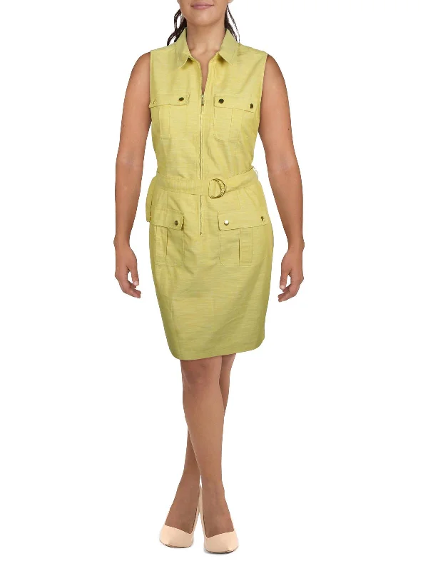 Women's shirt dress yes flair -Womens Zip-Front Sleeveless Shirtdress