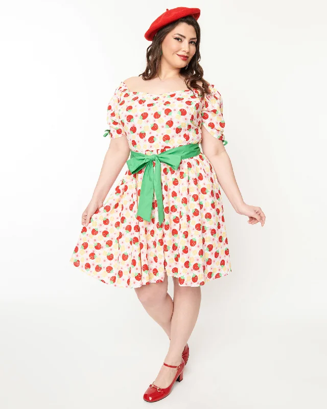 Women's flare dress V-neck -Unique Vintage Pink Floral Strawberries Dakota Flare Dress | Pink Floral Strawberries