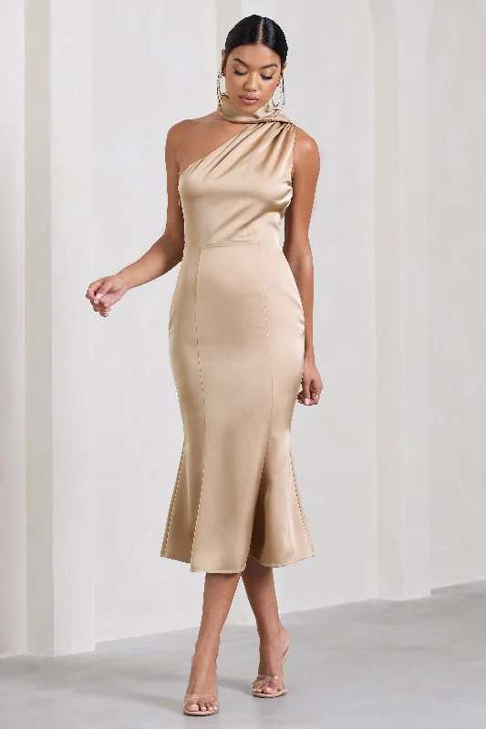 Women's flare dress square neck -Golden Girl | Champagne Satin One Shoulder High-Neck Flared Midi Dress