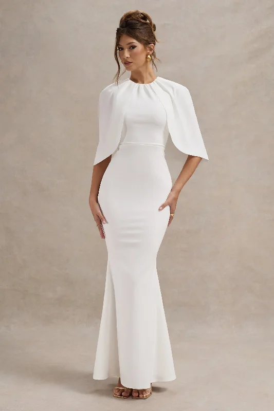 ladies-maxi-dress-dark-dawn-Kianne | White Draped Short-Sleeve Maxi Dress