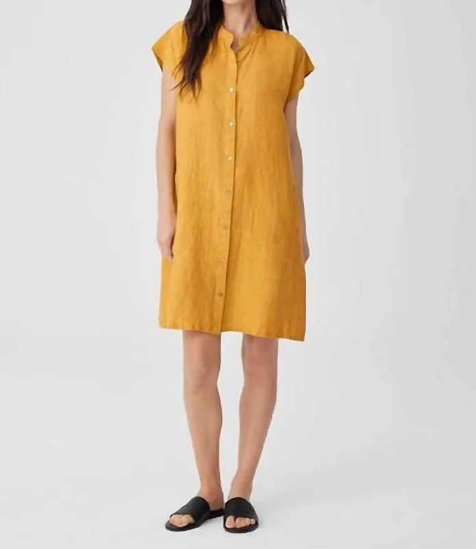 Women's shirt dress net flair -Washed Organic Linen Delave Shirtdress In Marigold