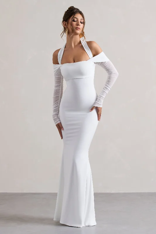 ladies-maxi-dress-girls-glow-Malisha | White Halter-Neck Long-Sleeve Maxi Dress