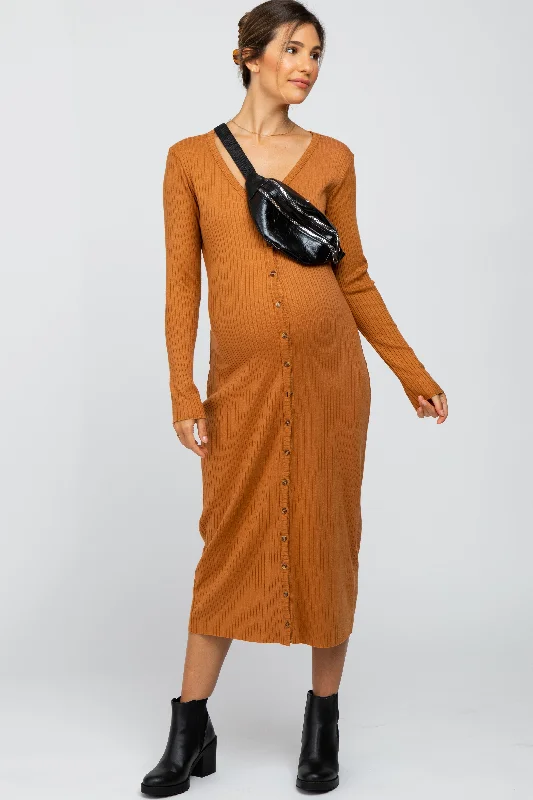 Women's midi dress off pop -Rust Ribbed Button Front Midi Cardigan Maternity Dress