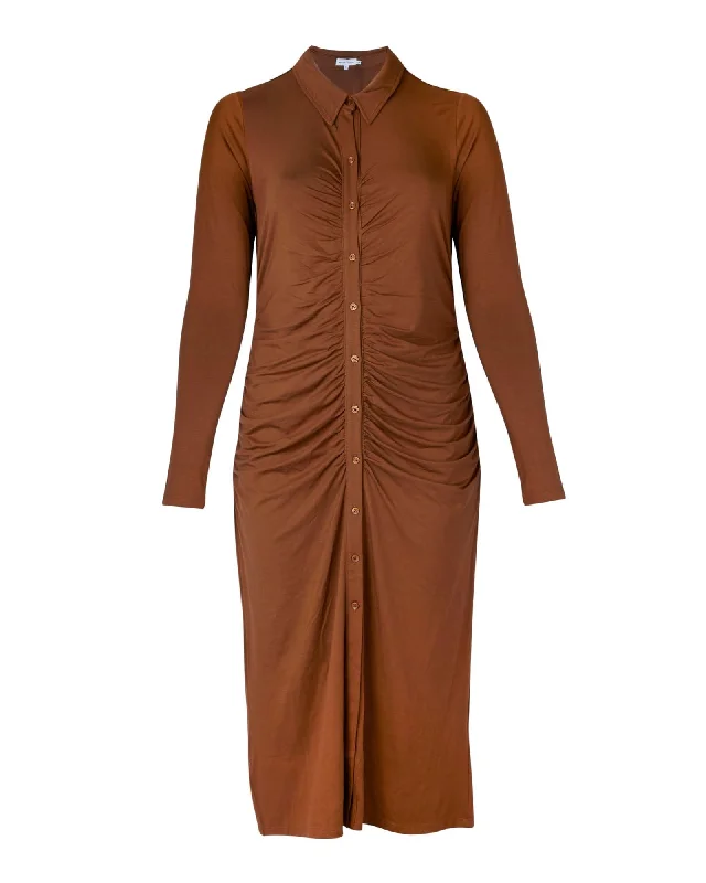 Women's midi dress span flair -Button Front Collared Midi Dress | BROWN