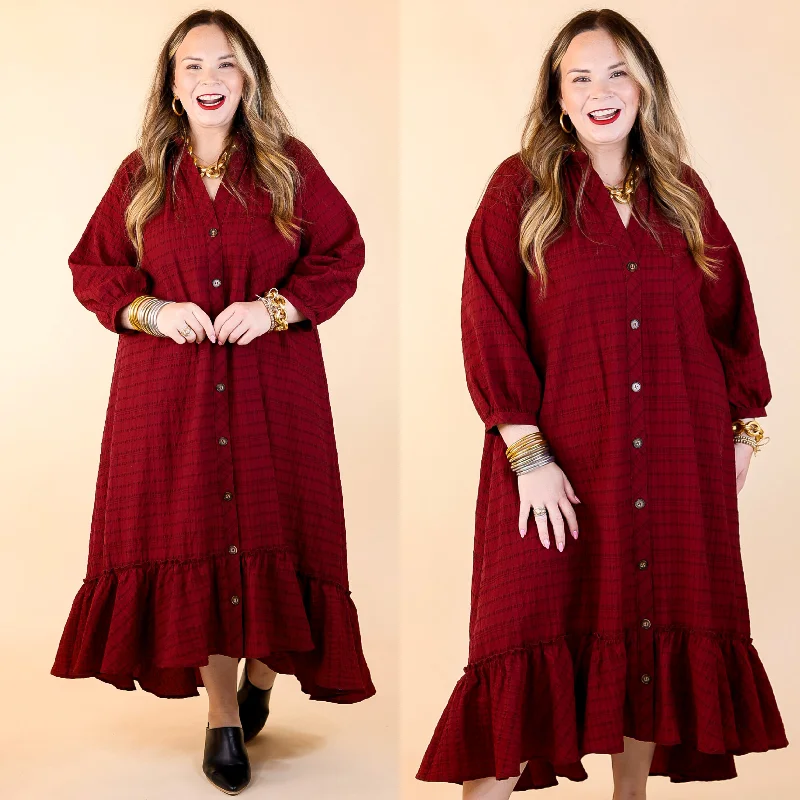 Women's midi dress grid chic -Easy to Please Button Up Ruffle Hem Midi Dress in Maroon Plaid