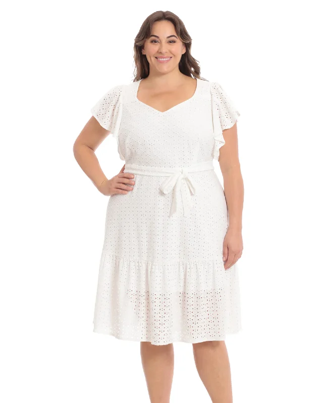 Women's midi dress old chic -Diamond dot embroidered flutter sleeve tiered midi dress | White