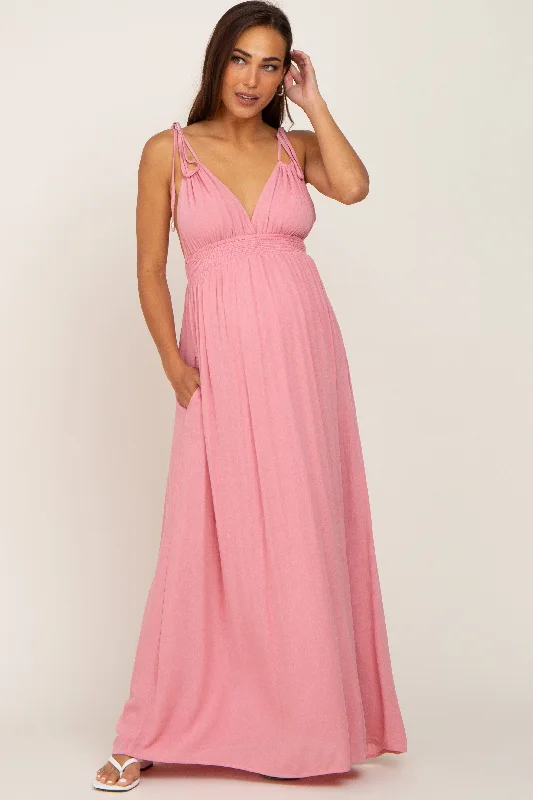 ladies-maxi-dress-berry-bloom-Pink Shoulder Tie Open Back Maternity Maxi Dress