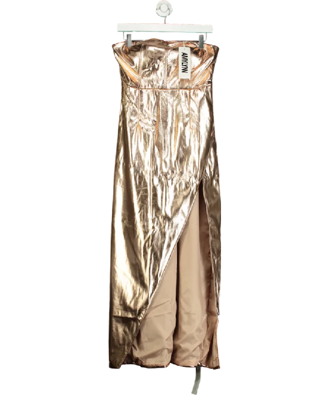 ladies-maxi-dress-red-radiance-Amy Lynn London Metallic Gizelle Vegan Leather Strapless Maxi Dress UK M