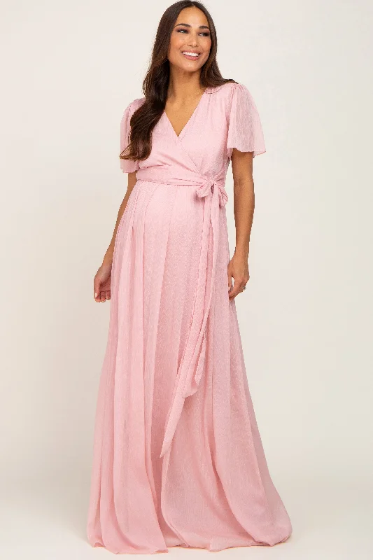 ladies-maxi-dress-fuchsia-fable-Light Pink Metallic Shimmer Chiffon Maternity Maxi Dress