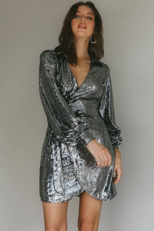 Women's shirt dress vine chic -Ruma Faux Wrap Shirt Dress Sequin Metal