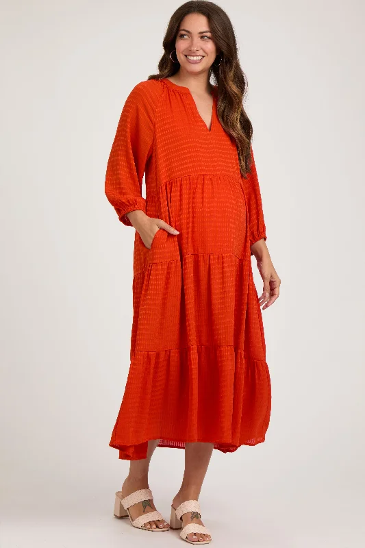 Women's midi dress craft chic -Orange Textured Tiered Maternity Midi Dress