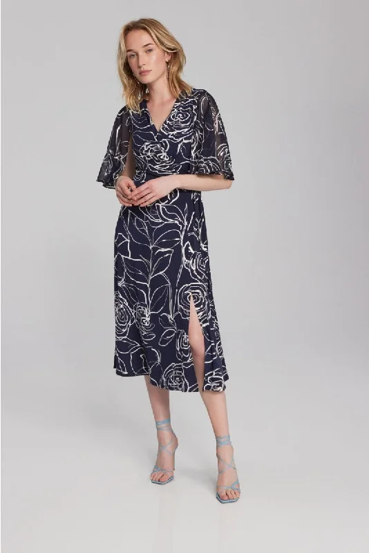 Women's flare dress anniversary -Joseph Ribkoff Midnight Blue/Vanilla Floral Print Midi Fit & Flare Dress 241764