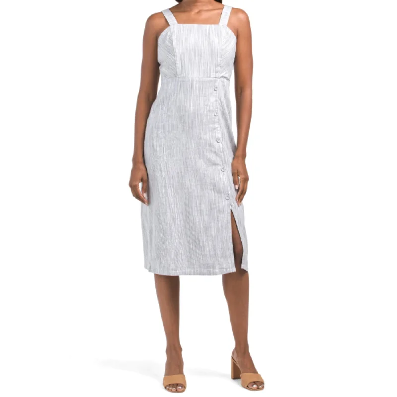 Women's midi dress calf glow -Tahari Linen Strappy Button Closure Stretch Striped Midi Dress