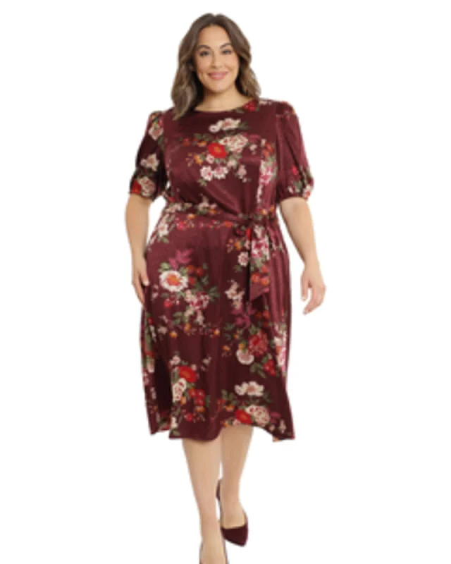 Women's midi dress ridge chic -Floral-Print Belted Midi Dress | WINE/SAGE