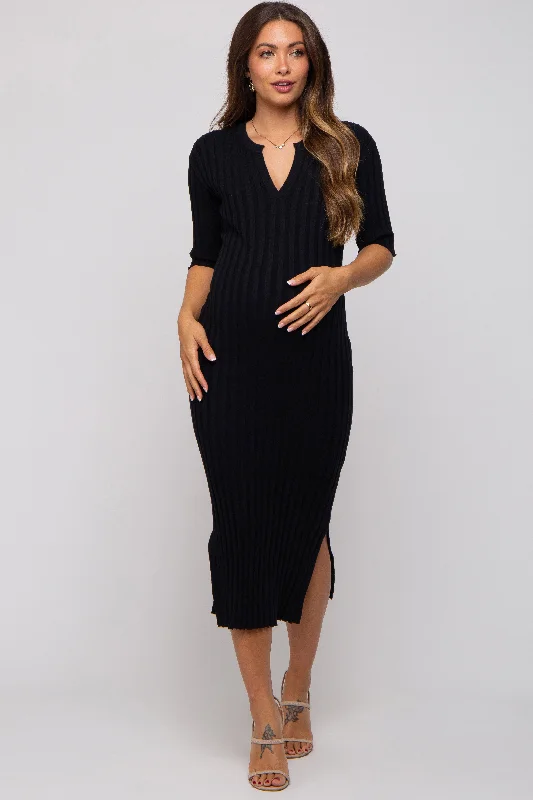 Women's midi dress web glow -Black Ribbed Knit Maternity Midi Dress