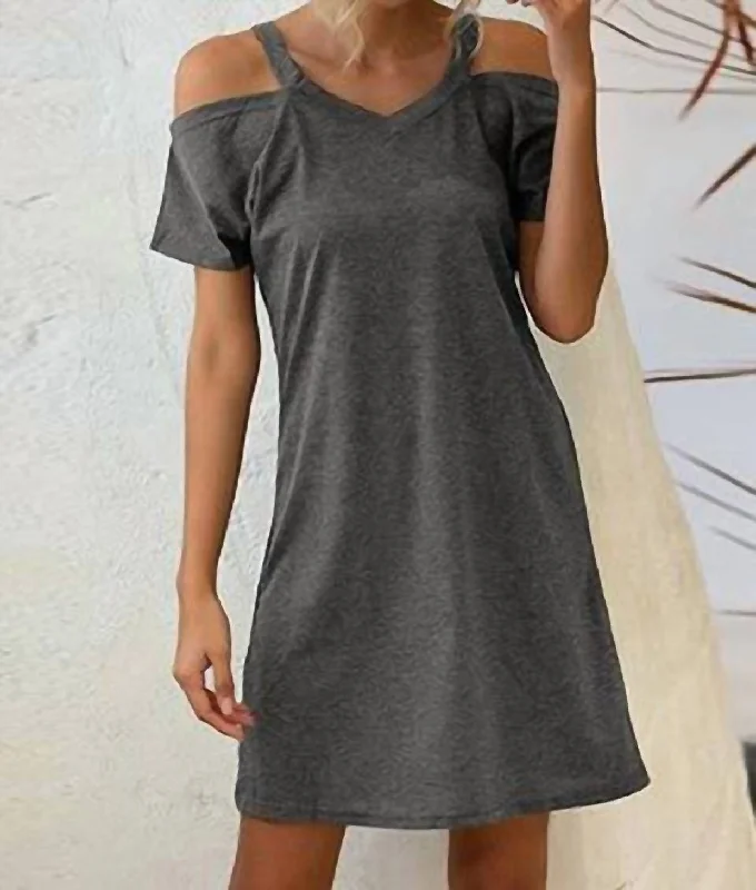 Women's shirt dress twist pop -Jaime Cold Shoulder T-Shirt Dress In Gray