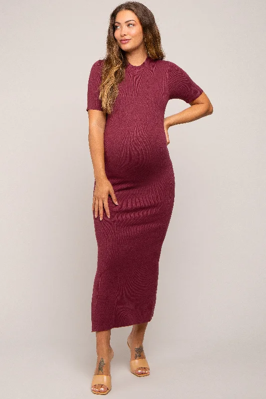 Women's midi dress lively chic -Burgundy Knit Fitted Mock Neck Maternity Midi Dress