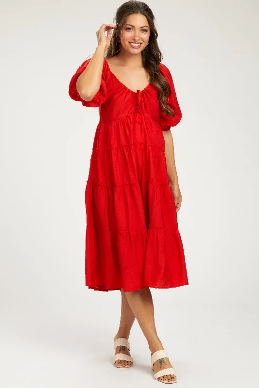 Women's midi dress surf pop -Red Tiered Maternity Midi Dress